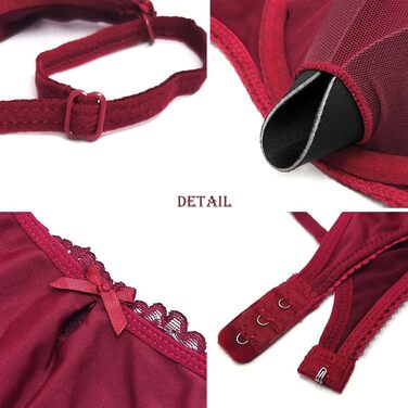 SHEKINI Сексуальний жіночий комплект: бюстгальтер з кісточками, push-up, мереживо, з підтримкою, тангі, глибокий виріз, відкрита спина, бюстєль, спідня білизна для жінок (Вишневий, 6114, S)