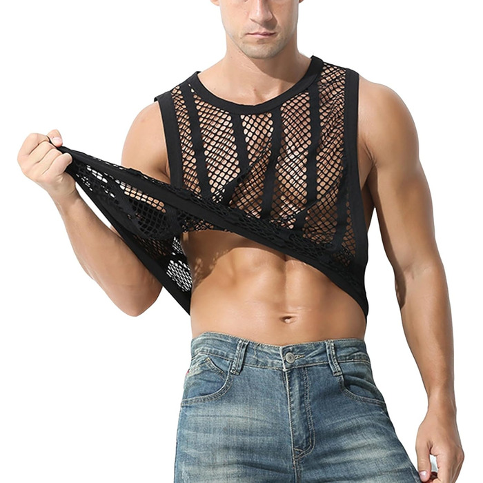 Чоловіча майка з сіткою, без рукавів, з принтом 'риба-сітка', прозора, чорна та біла (L)