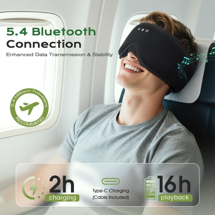 Bluetooth маска для сну з навушниками LC-dolida, м'яка світлонепроникна маска для очей для дорослих (чоловіків та жінок), комфортна для подорожей та відпочинку, чорна