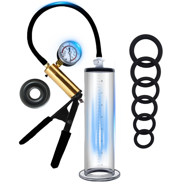 Насос для збільшення пеніса: ручний вакуумний насос з манометром та 6 силіконовими кільцями. Іграшка для чоловіків, збільшувач пеніса. Діаметр: 6.35 см