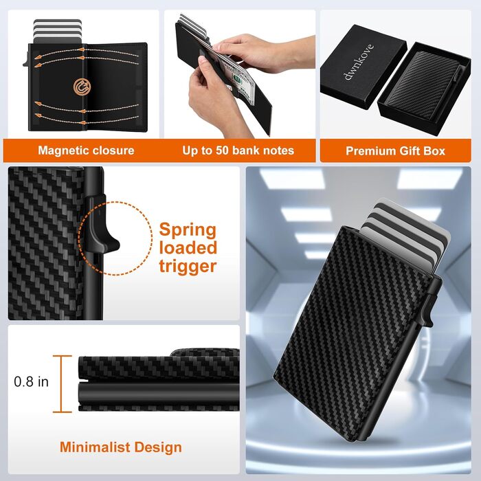 Чоловічий картхолдер dwnkove Slim Wallet з RFID-захистом, відділенням для монет та вікном для ID, смарт-гаманець Pop-Up з карбоновим дизайном, чорний