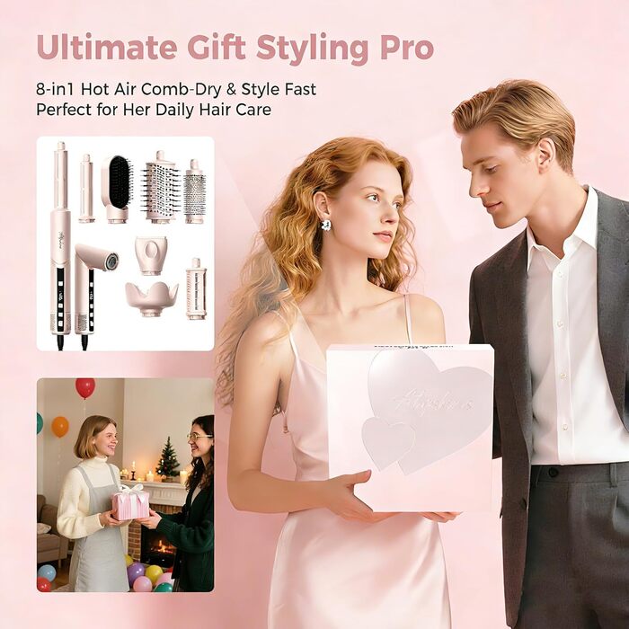Набір стайлер для волосся 7 в 1 Atopskins Airstyler Pro: фен з дифузором, круглі щітки, випрямляч та плойка для beach waves, Creamrosa