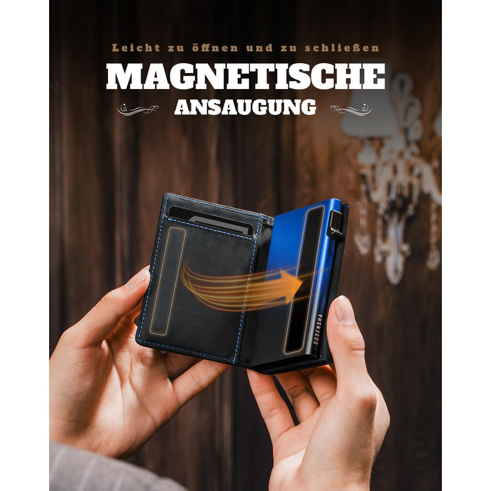Слім-гаманець чоловічий DODENSHA MagSnap з відділенням для монет, RFID захистом та магнітним застібкою, на 10+ карт (Чорно-синій)