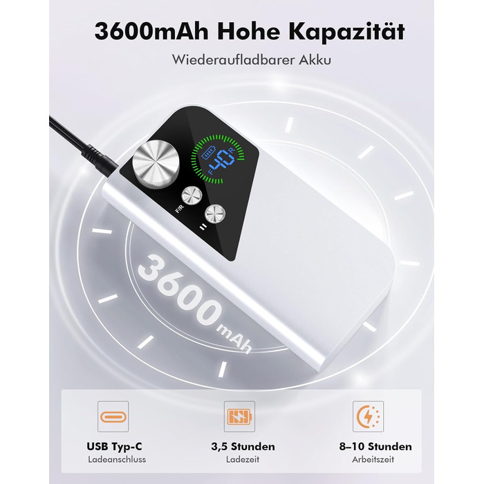 Професійний електричний апарат для манікюру та педикюру HOMEASY 40 000 об/хв, портативний фрезер для нігтів з LCD-дисплеєм, акумуляторний набір з 6 насадок, білий
