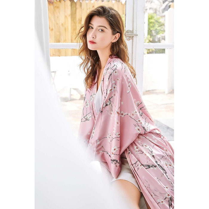 Халат жіночий довгий шовковий, квітковий принт, BABEYOND. Ідеальний для дому, вечірки, сну. Розмір універсальний, рожевий.