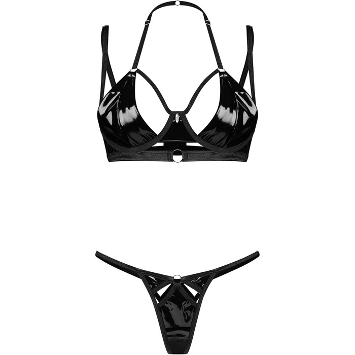 Сексуальний жіночий комплект нижньої білизни Selente Love & Fun 4-5 частин: бюстгальтер, корсетний пояс, стрінги, мереживні панчохи та шовкова маска для очей, чорний, ефект латексу, Made in EU, S-M