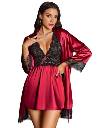 Сексуальна нічна сорочка Babydoll RSLOVE з мереживом та атласу, бордовий, розмір XXL