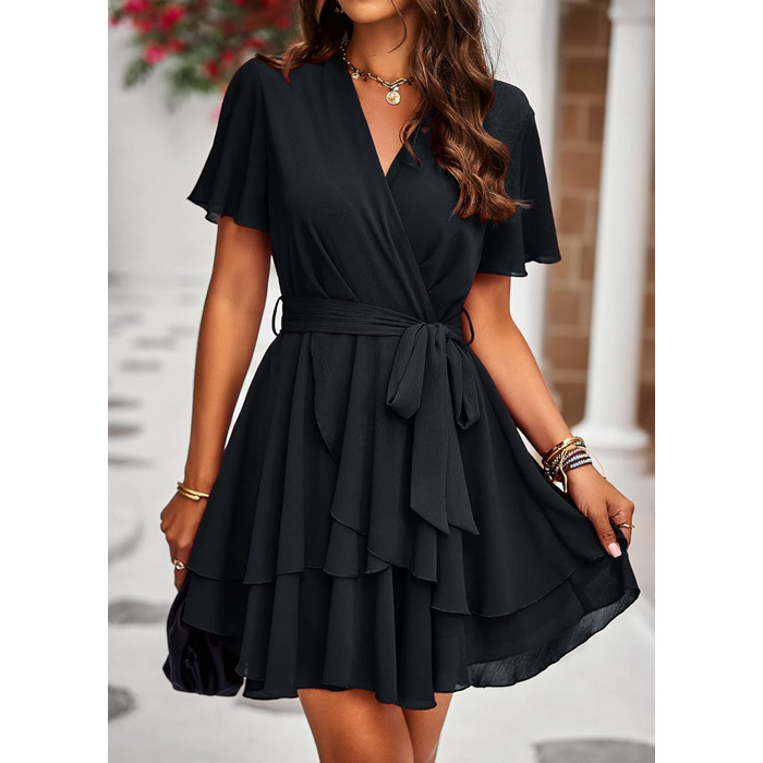 Чорне шифонове міні-плаття з V-подібним вирізом, короткий рукав, літнє плаття-туніка, однотонне, елегантне, на зав'язках, висока талія, для вечірок, з поясом (5086-schwarz, XXL)