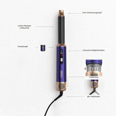 Мультистайлер для волосся 6 в 1 UKLISS Air Styler Set з дифузором, LCD-дисплеєм та насадами для завивки, сушіння та вирівнювання, 1000 Вт, Gold Blue