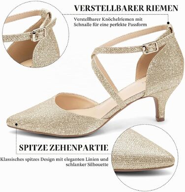 Жіночі туфлі-човники Greatonu на низьких підборах (kitten heel) з гострим носком та ремінцем на щиколотці, золотисті з блискітками, 37 EU