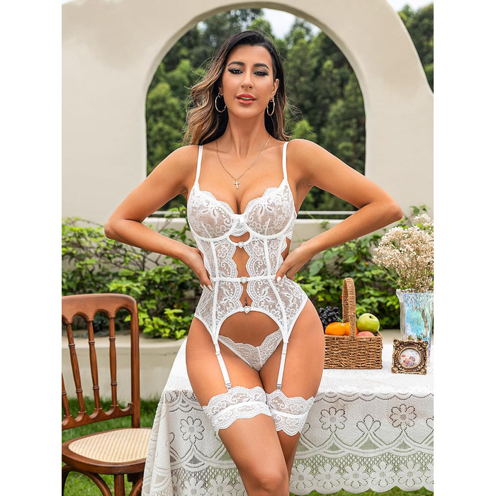 Daen Dessous Комплект Сексуальної Бюстгальтер-Боді та Штанці з Кружева, 3-частинний, S-XXL (Білий, XXL)