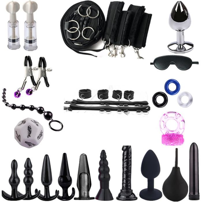 Набір для бондеражу SM 28 шт: феттери, наручники, фіксатори ніг, маска для очей, анальний плаг, кільце для статевого члена, соски, кліпси для сосків, кубик, анальна та вагінальна душі