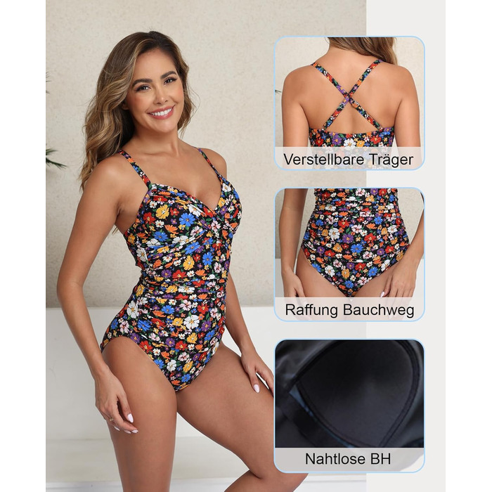 Чоловічий купальник Halcurt з животом, з чашечками та драпіруванням, цілісний, монокіні, чорний з кольоровими квітами, XL