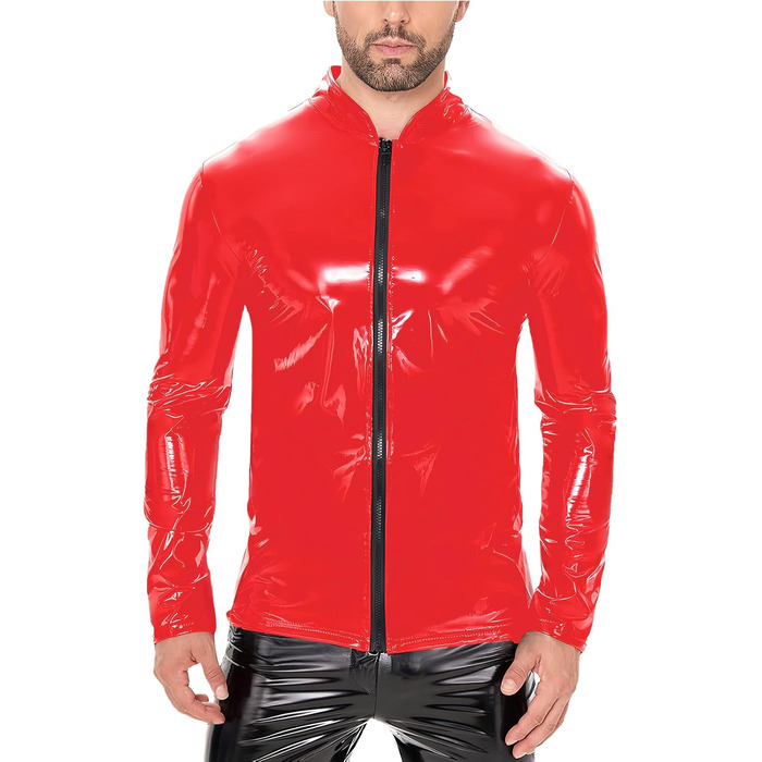 Латексна куртка для чоловіків Ausing з штучної шкіри, сексуальний ефект мокрого вигляду, облягаючий крій, з блискавкою, для танців, вечірок, карнавалу (червоний, XS)