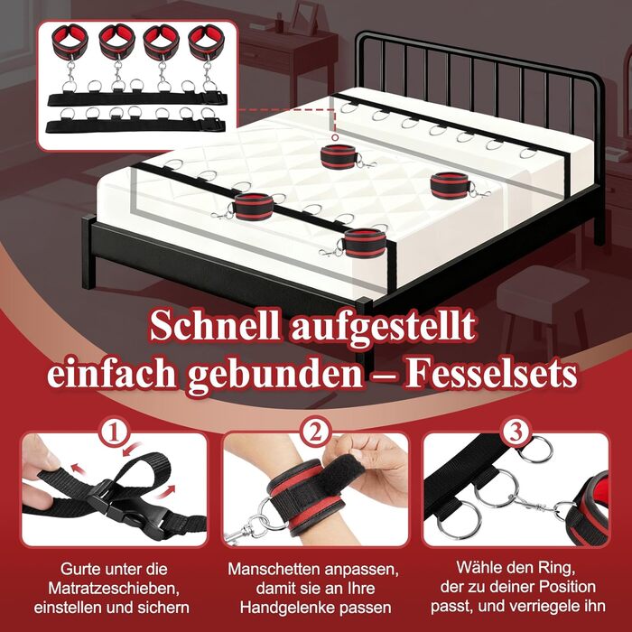 Набір для БДСМ-зв'язування: 12 предметів для еротичних ігор для пар. Включає наручники, кайдани для ніг, ошейник, пов'язку на очі, кліпси для сосків, м'ячик-знеболювач, хрестовину. Підходить для початківців, чоловіків та жінок. Червоний колір.