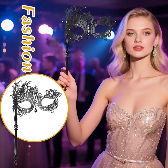 Венеціанська маска JewelryWe з держальником для жінок, металева маска з кристалами для маскараду, аксесуар до костюма для Хелловіну, карнавалу, вечірки, маскараду (чорна)