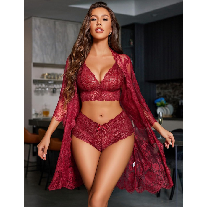 Avidlove Сексуальна жіноча білизна комплект мереживо 3-частинний негаліж, мереживний нічний халат, мереживна білизна комплект з бюстгальтером та трусиками, витончений, бордовий