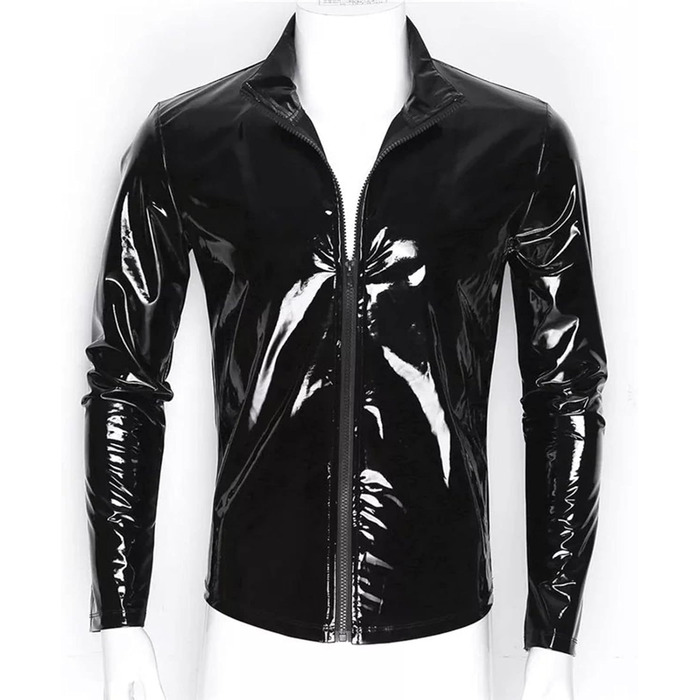 Сексуальний костюм з латексу та шкіри для чоловіків: боді, футболка, жилет, чорний XL