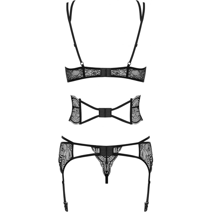 Сексуальний жіночий комплект нижньої білизни Obsessive: бюстгальтер, пояс для живота, пояс з лямками та танга, чорний, L-XL