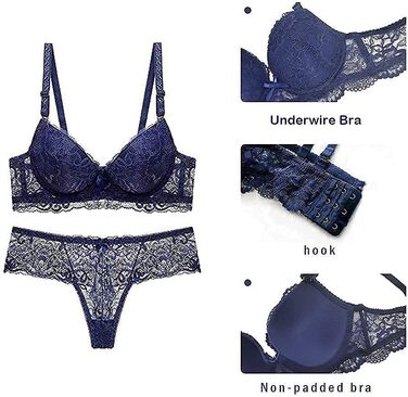 SHEKINI Комплект нижньої білизни: бюстгальтер та труси з мереживом, знятні бретелі, push-up, кісточка, сексуальна спідня білизна, стринги, танга, для жінок (Блакитний, 85B)