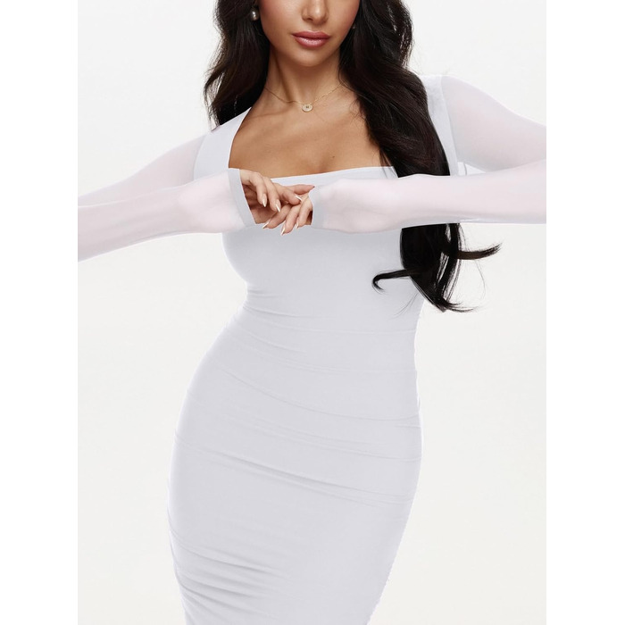 REORIA Максі-сукня для гостей на весілля: довга, з довгими рукавами, прозора сітка, квадратний виріз, обтягуюча, біла, XS