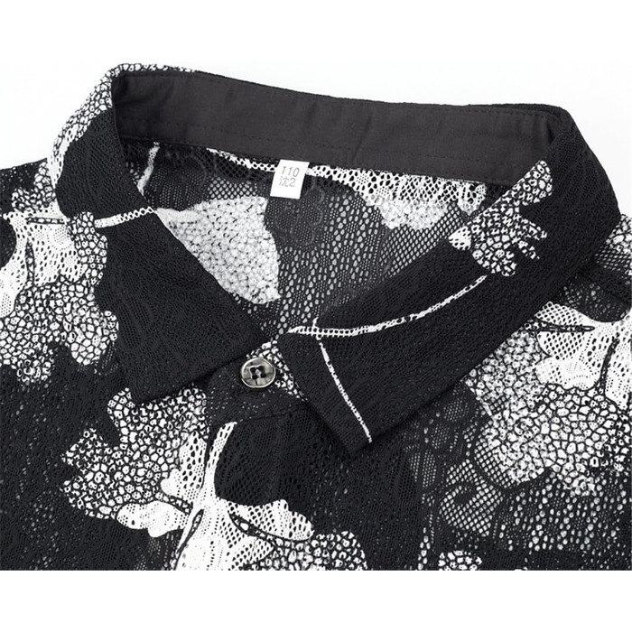 Чоловіча сорочка з квітковим мереживом, прозора по краю, літня, з короткими рукавами, облягаючого крою, для клубу та вечірок, прозора, чорна