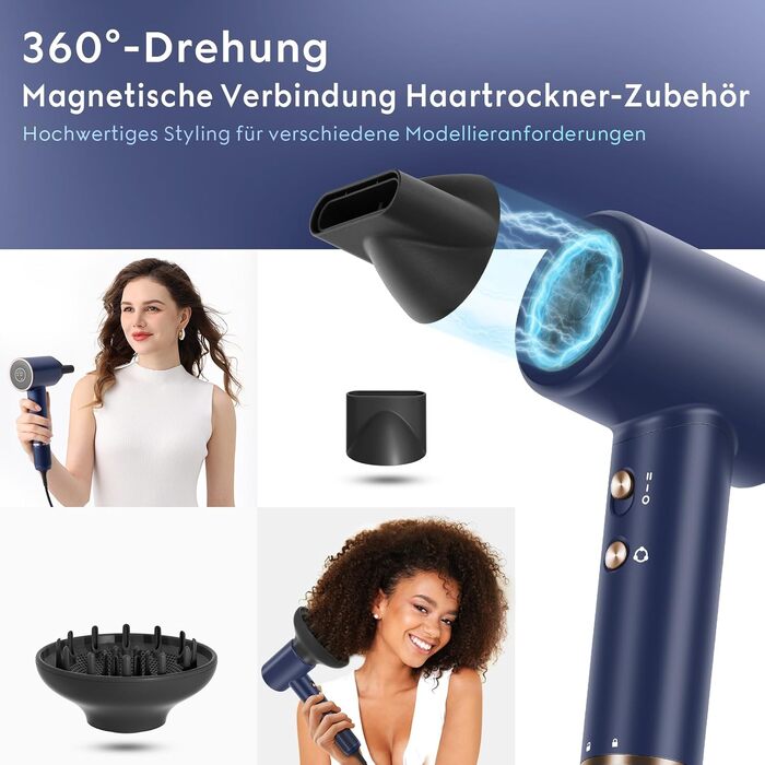 Професійний фен для волосся PARWIN PRO BEAUTY Air-Sonic з HD-LED дисплеєм, безщітковим мотором 110,000 об/хв та іонізацією (200 млн негативних іонів), швидка сушка 25 м/с, колір Прусський синій