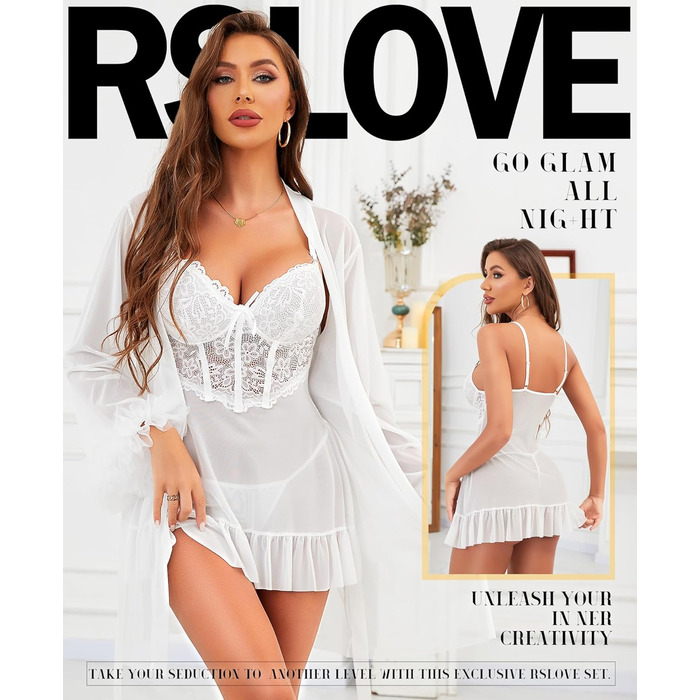 RSLOVE Сексуальна білизна комплект для жінок - мереживна нічна сорочка-бабідол з халатом, 2-х частинний набір, нічна сорочка (XL, Білий)