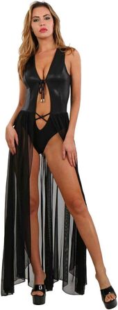 Сукня MISS NOIR довга з вбудованим боді та спідницею з тюлю – сексуальна вечірня сукня для клубу, ефект гліттеру (L-XL, чорна)