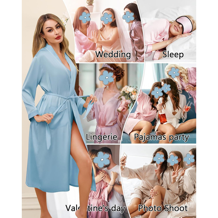 Сatinний халат для жінок, довгий, легкий, з V-подібним вирізом, для вечірки, весілля, сну, кольору небесно-блакитний, розмір L