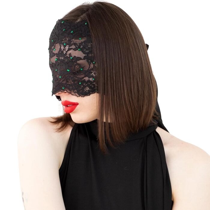 Маска для обличчя з мережива з чорного кольору з зеленими стразами, еластична мережива, атласна стрічка, маскарадний костюм чорного кольору (зелені стрази)