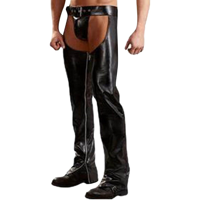 Чоловічі штани Ouvert з екошкіри, довгі, в стилі Дикого Заходу, ковбойські чaps, штани з бахромою та пряжкою, чорні, XL