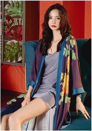 Халат жіночий атласний максі довгий, шовковий кімоно, халат для ванної кімнати, літня роба, піжама, вечірній халат, квітковий принт, темно-фіолетовий (один розмір)