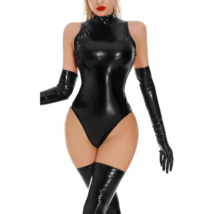 Боді FEOYA для жінок: сексуальний боді з ефектом мокрого блиску, шкіра, без рукавів, для нічного клубу, вечірки, чорний, розмір L