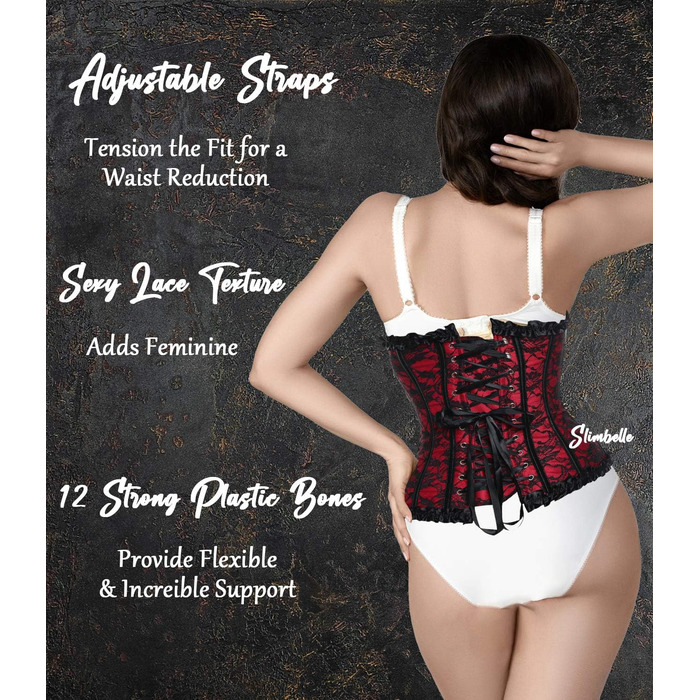 Корсетний топ SLIMBELLE для повного бюсту: готичний корсет з мереживом та імітацією шкіри, з банелом XL, червоний
