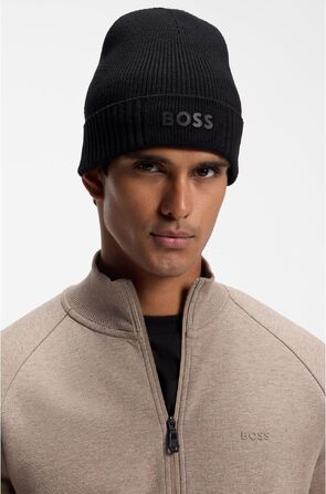 Чоловіча шапка-біні BOSS Asic Beanie-X з бавовни та віргинської вовни з логотипом, чорна, універсальний розмір