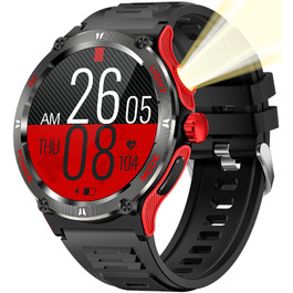 Смарт-годинник findtime Military Edition: водонепроникний тактичний годинник з компасом, LED-ліхтариком та функцією дзвінків, моніторинг пульсу 24г, для Android та iOS (Червоний)