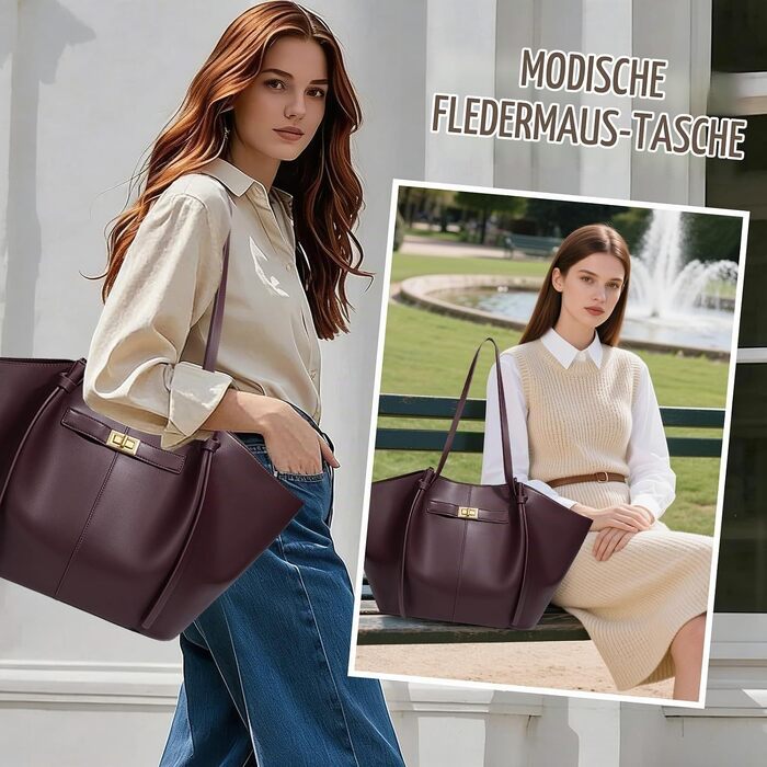 Жіноча сумка-шопер Tote Bag великого розміру, шкіряна сумка на плече з від’ємним ременем, вінтажна сумка для роботи, покупок та подорожей, винно-червона