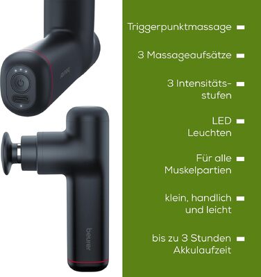 Перкусійний масажер Beurer MG 79 Massage Gun Sensitive: компактний масажний пістолет для чутливих зон, 3 насадки та 3 рівні інтенсивності