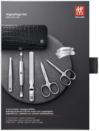 Манікюрний набір ZWILLING Kroko Edition (5 предметів) для нігтів рук та ніг, нержавіюча сталь, шкіряний футляр, чорний