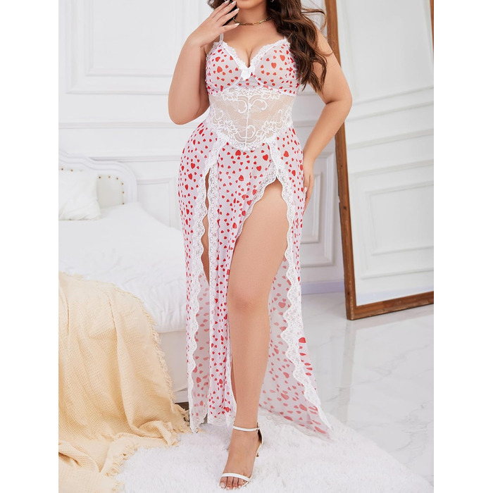 Babydoll для жінок Alrovetoney: мереживна піжама-сорочка з розрізами, біле серце, XL