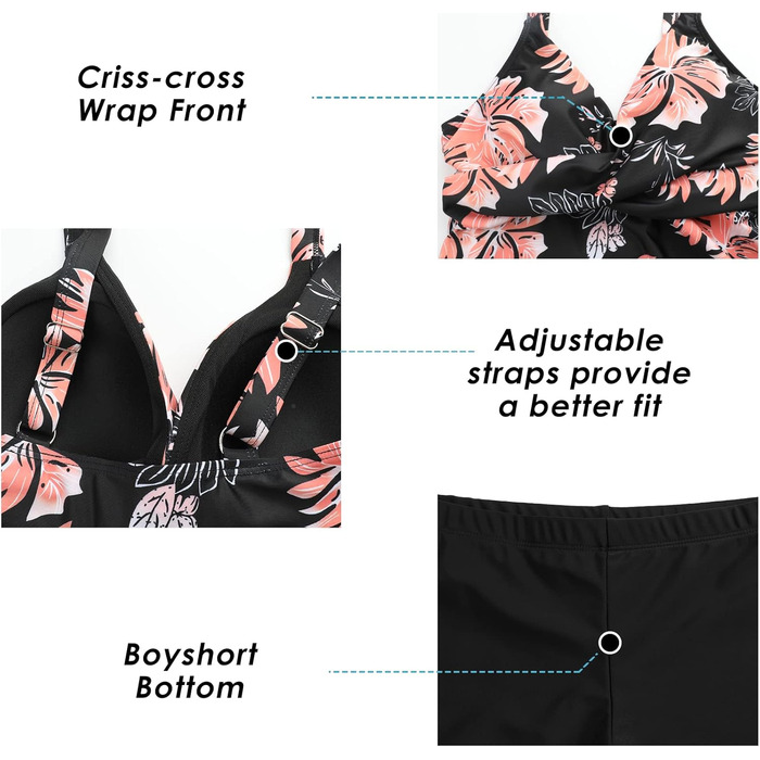 Двочастинний купальник Adigaber з пуш-ап, Tankini з шортами, спортивний, рожевий, XXL