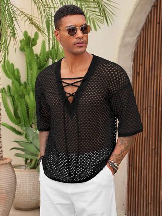 Чоловіча літня сорочка Runcati, шнурівка, V-подібний виріз, напіврукав, в'язана, мереживна, прозора, чорна, розмір L