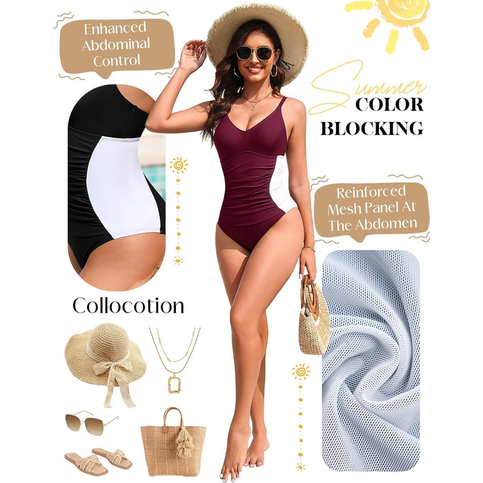 Світшот для жінок Badeanzug: фігуроформуючий купальник з V-подібним вирізом, посилені бретельки, бокові шнурівки (пурпурно-червоний, L)