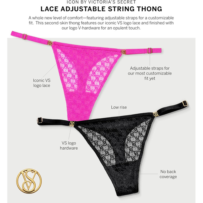 Тонкий трусик Victoria's Secret Icon з логотипом VS, регульований бретель, G-String, сексуальна колекція (XS-XXL), XL Praline
