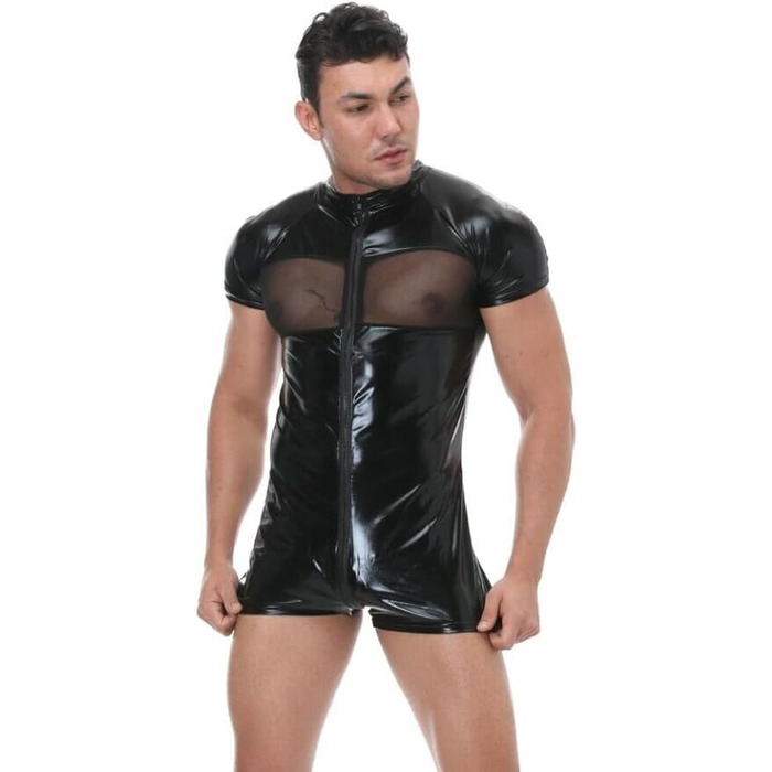 Боді чоловіче лаковане шкіряне, облягаюче, з мережею. Сексуальна білизна, комбінезон, мускульний, XXL