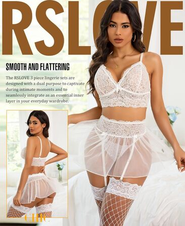 Жіночий комплект спідньої білизни RSOVE: мереживний топ-бюстгальтер, міні-спідниця з мереживом та стрінги. Розмір M, білий