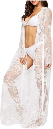 Шовковий халат-кімоно з V-подібним вирізом для жінок, білий. Халат з мереживом, квітковим візерунком, з поясом. Ідеальний для вечірки, весільної ночі або Дня святого Валентина.