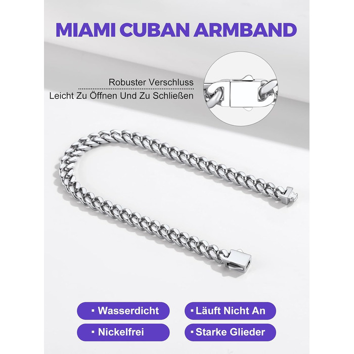 Чоловічий браслет Richsteel Cuban Link зі сталі 316L, ланцюг у стилі хіп-хоп (сріблястий, 5 мм, 23 см) — подарункова упаковка
