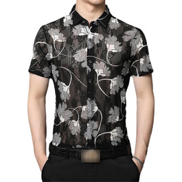 Чоловіча сорочка з квітковим мереживом, прозора по краю, літня, з короткими рукавами, облягаючого крою, для клубу та вечірок, прозора, чорна